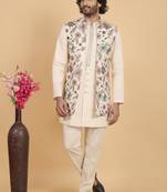 Cream khadi art silk 3 peice long jacket set for men