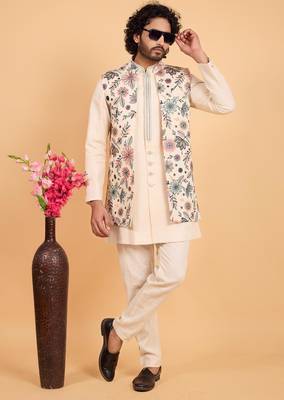 cream khadi art silk 3 peice long nehru jacket set for men 2