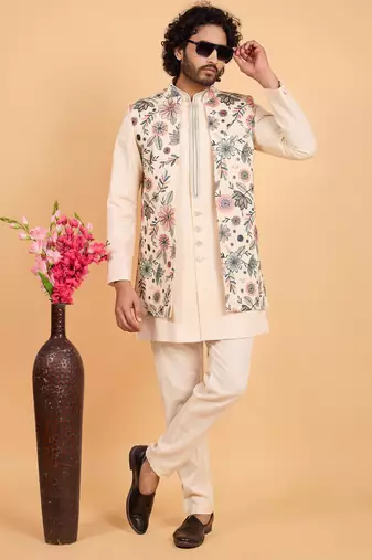 cream khadi art silk 3 peice long nehru jacket set for men