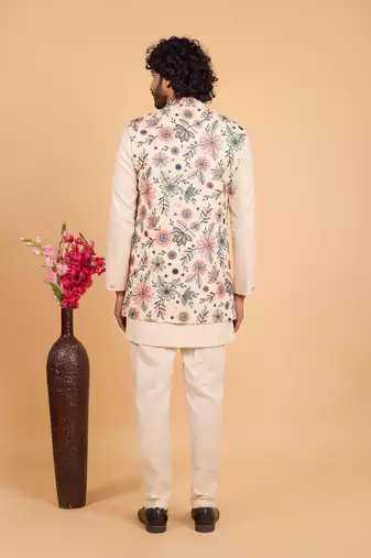 cream khadi art silk 3 peice long nehru jacket set for men