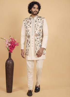 cream khadi art silk 3 peice long nehru jacket set for men 1
