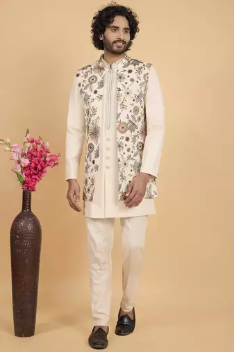 cream khadi art silk 3 peice long nehru jacket set for men