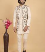 Cream khadi art silk 3 peice long jacket set for men