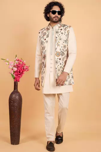 cream khadi art silk 3 peice long nehru jacket set for men