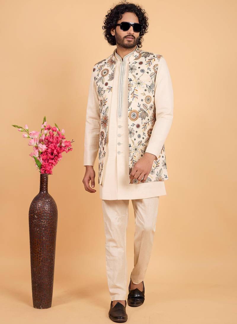 Cream khadi art silk 3 peice long jacket set for men
