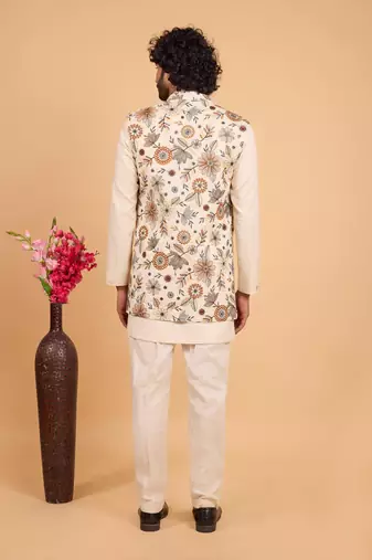 cream khadi art silk 3 peice long nehru jacket set for men