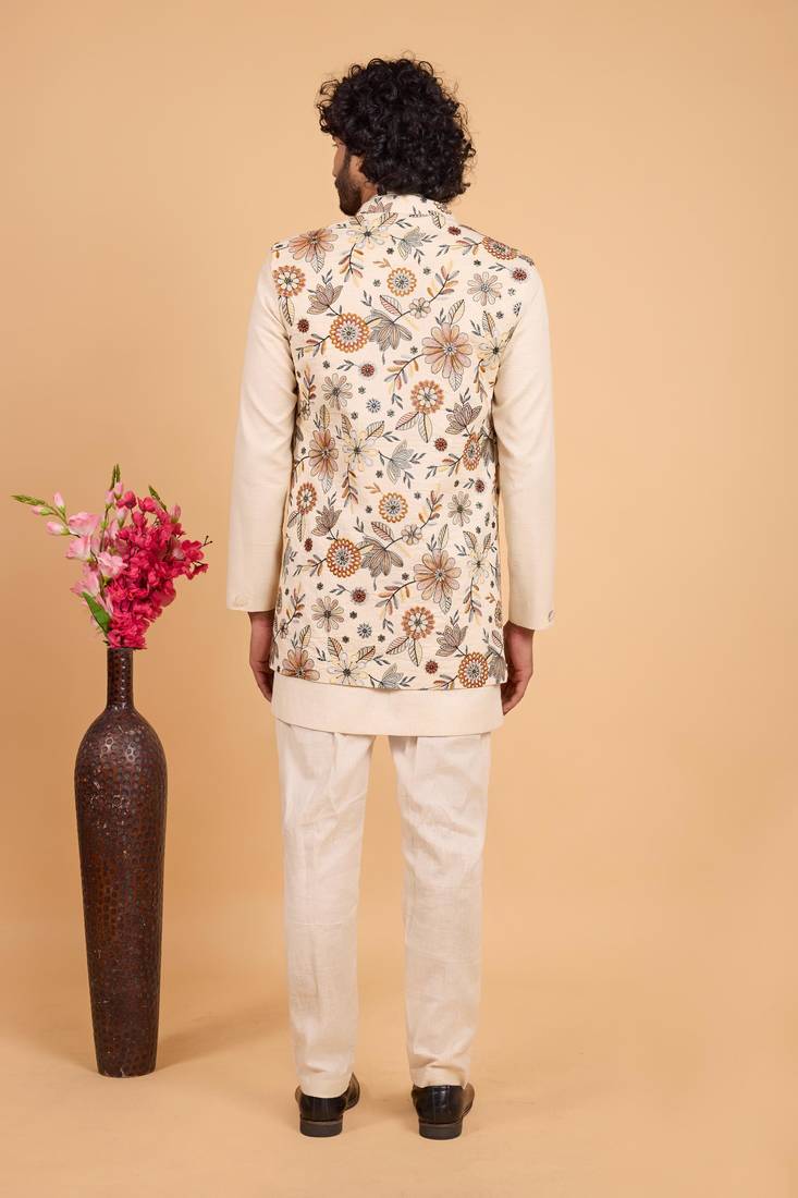 Cream khadi art silk 3 peice long jacket set for men