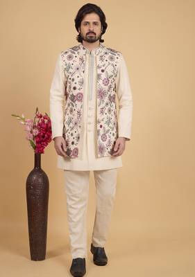 cream khadi art silk 3 peice long nehru jacket set for men 1