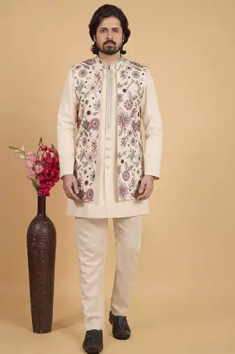cream khadi art silk 3 peice long nehru jacket set for men