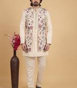 Cream khadi art silk 3 peice long jacket set for men