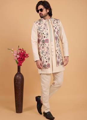 cream khadi art silk 3 peice long nehru jacket set for men 2