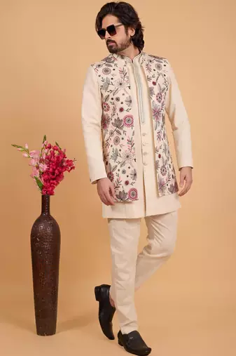 cream khadi art silk 3 peice long nehru jacket set for men
