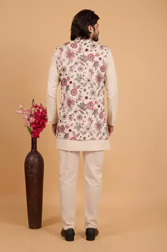 cream khadi art silk 3 peice long nehru jacket set for men