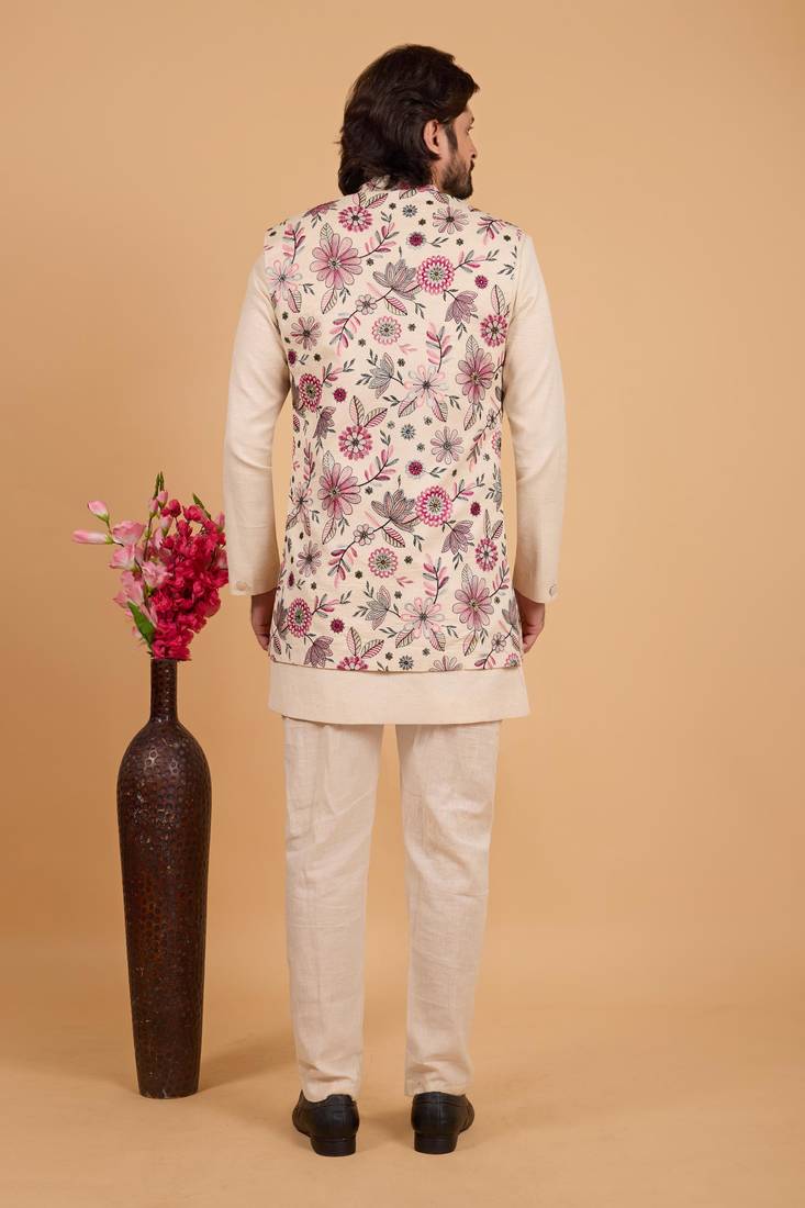 Cream khadi art silk 3 peice long jacket set for men