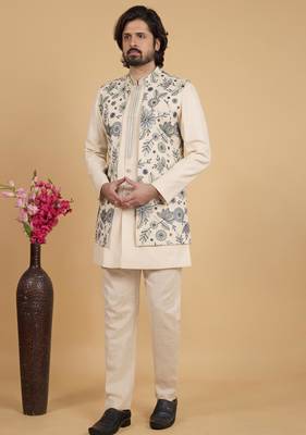 cream khadi art silk 3 peice long nehru jacket set for men 1