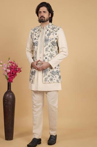 cream khadi art silk 3 peice long nehru jacket set for men