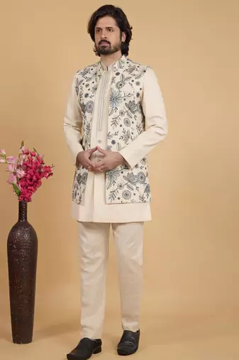 cream khadi art silk 3 peice long nehru jacket set for men