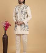 Cream khadi art silk 3 peice long jacket set for men