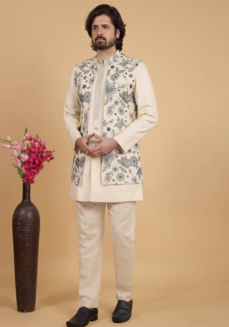 Cream khadi art silk 3 peice long jacket set for men