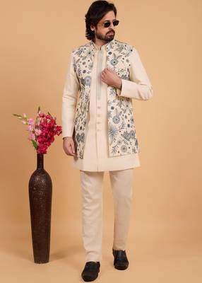 cream khadi art silk 3 peice long nehru jacket set for men 2