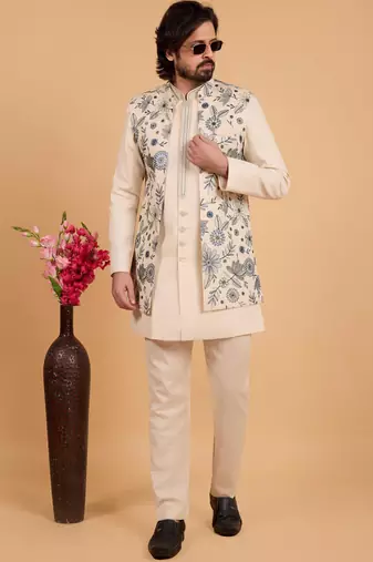 cream khadi art silk 3 peice long nehru jacket set for men