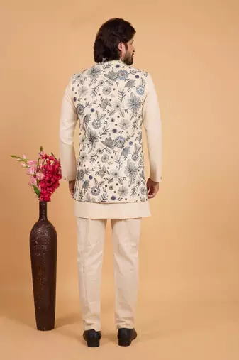 cream khadi art silk 3 peice long nehru jacket set for men