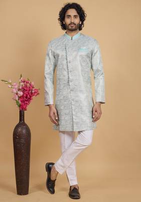 pista green banarasi jacqaurd sherwani for men  1