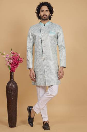 pista green banarasi jacqaurd sherwani for men 