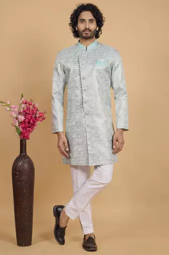 pista green banarasi jacqaurd sherwani for men 