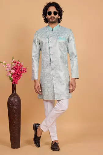 pista green banarasi jacqaurd sherwani for men 