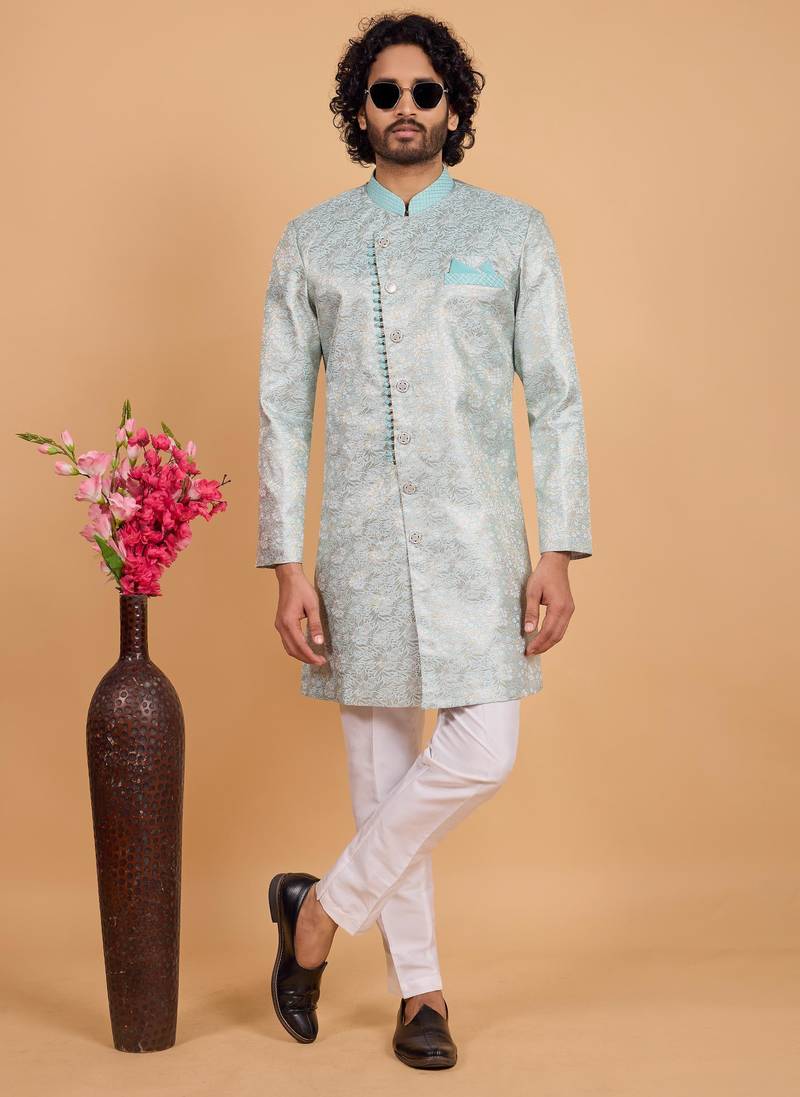 pista green banarasi jacqaurd sherwani for men 