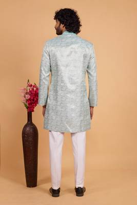 pista green banarasi jacqaurd sherwani for men  3