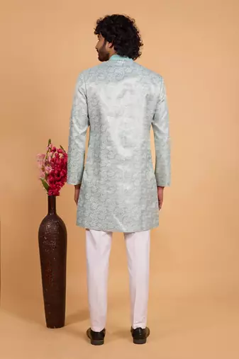 pista green banarasi jacqaurd sherwani for men 