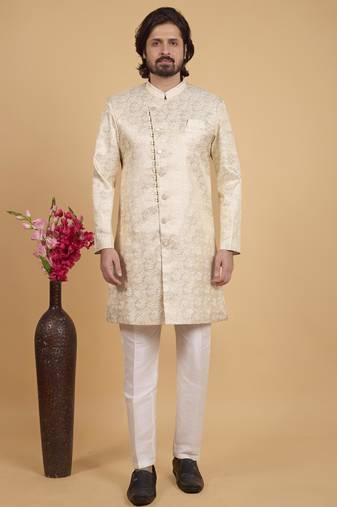 gold art silk sherwani for men 