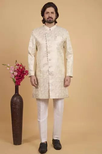 gold art silk sherwani for men 