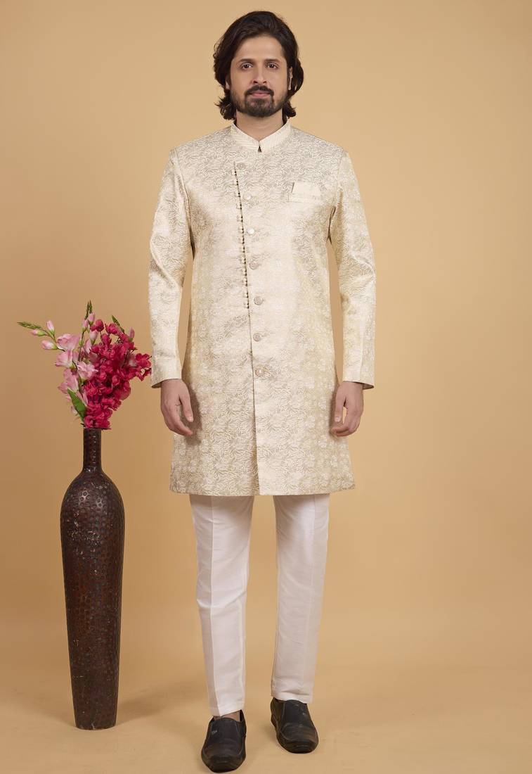 gold art silk sherwani for men 
