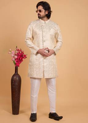 gold art silk sherwani for men  2