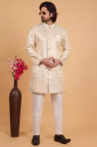 gold art silk sherwani for men 