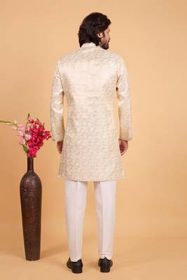 gold art silk sherwani for men  3