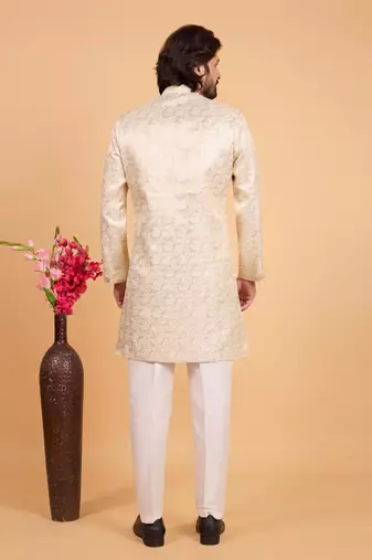 gold art silk sherwani for men 