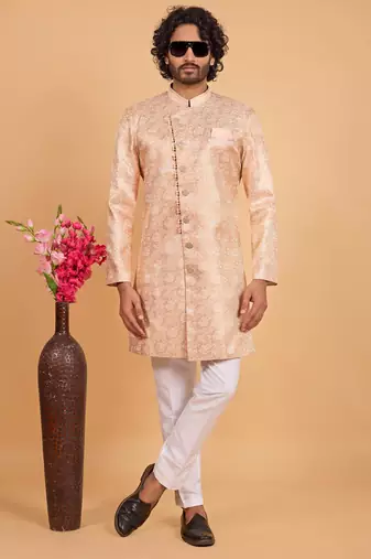 peach art silk sherwani for men 
