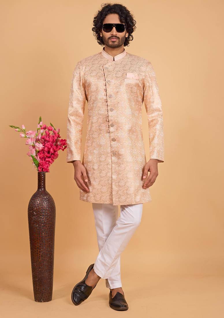 peach art silk sherwani for men 