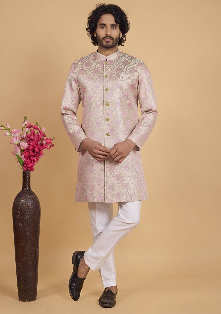 Pink art silk sherwani for men 