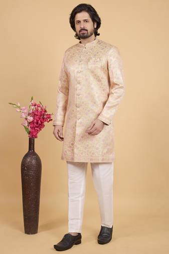 yellow art silk sherwani for men 