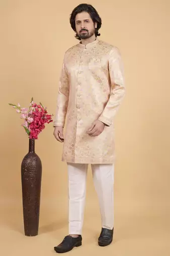 yellow art silk sherwani for men 