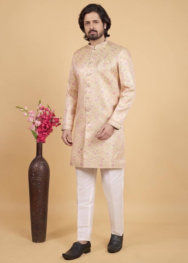 yellow art silk sherwani for men 