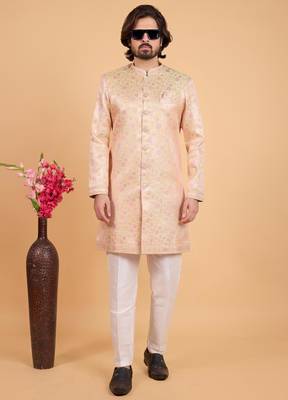yellow art silk sherwani for men  2