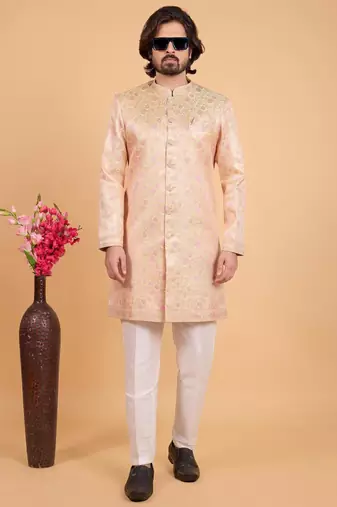 yellow art silk sherwani for men 
