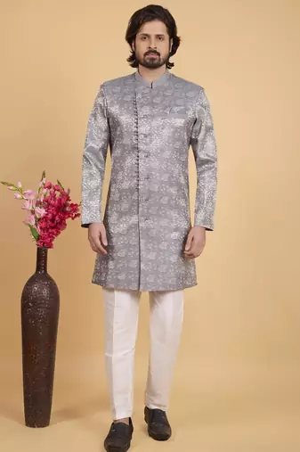 grey art silk sherwani for men 