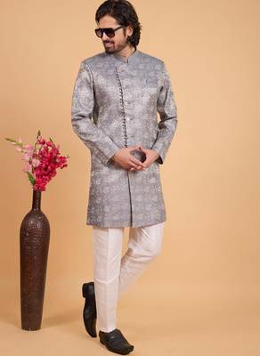 grey art silk sherwani for men  2